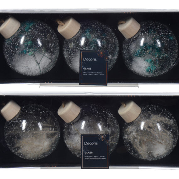 6 διάφανες γυάλινες χριστουγεννιάτικες μπάλες με αποξηραμένα λουλούδια και χιόνι στο εσωτερικό.