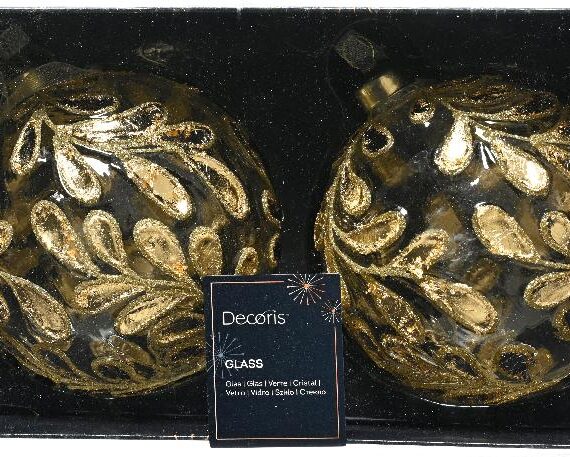 2 διάφανες γυάλινες μπάλες με χρυσά φύλλα.