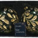 2 πράσινες διάφανες γυάλινες χριστουγεννιάτικες μπάλες με χρυσά φύλλα.