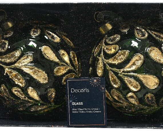 2 πράσινες διάφανες γυάλινες χριστουγεννιάτικες μπάλες με χρυσά φύλλα.