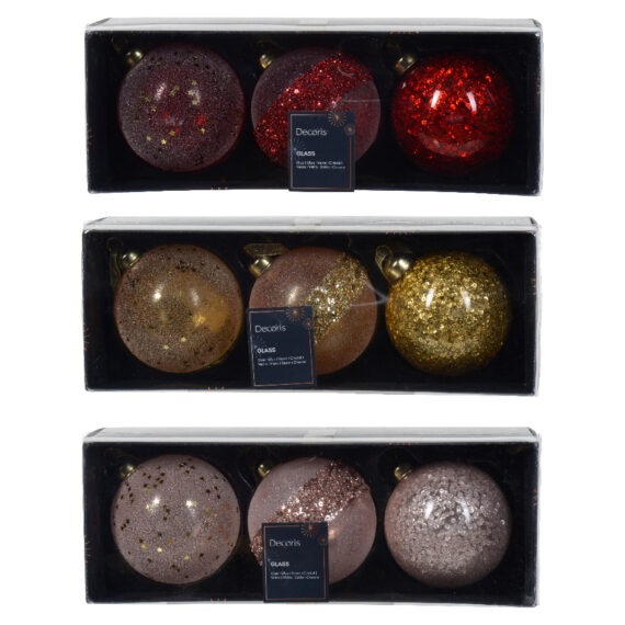 3 κουτιά με 3 χριστουγεννιάτικες μπάλες το καθένα κόκκινες, χρυσές και ροζ με γκλίτερ, αστεράκια, χάντρες και πούλιες.