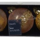 3 χρυσές διάφανες μπάλες με διακόσμηση γκλίττερ, αστεράκια, χάντρες και πούλιες στο εσωτερικό.