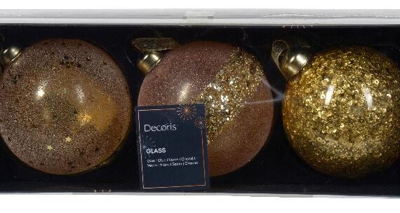 3 χρυσές διάφανες μπάλες με διακόσμηση γκλίττερ, αστεράκια, χάντρες και πούλιες στο εσωτερικό.