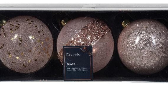 3 rose gold διάφανες μπάλες με διακόσμηση γκλίττερ, αστεράκια, χάντρες και πούλιες στο εσωτερικό.