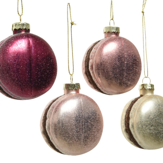 Χριστουγεννιάτικα στολίδια Kaemingk 4 τεμαχίων σε 4 γκλίτερ χρώματα (φούξια, ροζ, rose gold, χρυσό) σε σχήμα μακαρόν με "σοκολατένια γέμιση".