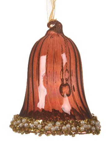 Χριστουγεννιάτικο στολίδι σε σχήμα καμπάνας, χρώματος κοραλί. Το χείλος της καμπάνας έχει διακόσμηση από χρυσές και άσπρες χάντρες.