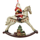 Φιγούρα Άγιος Βασίλης πάνω σε κουνιστό αλογάκι αντίκα λευκό από ρητίνη.