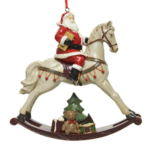 Φιγούρα Άγιος Βασίλης πάνω σε κουνιστό αλογάκι αντίκα λευκό από ρητίνη.