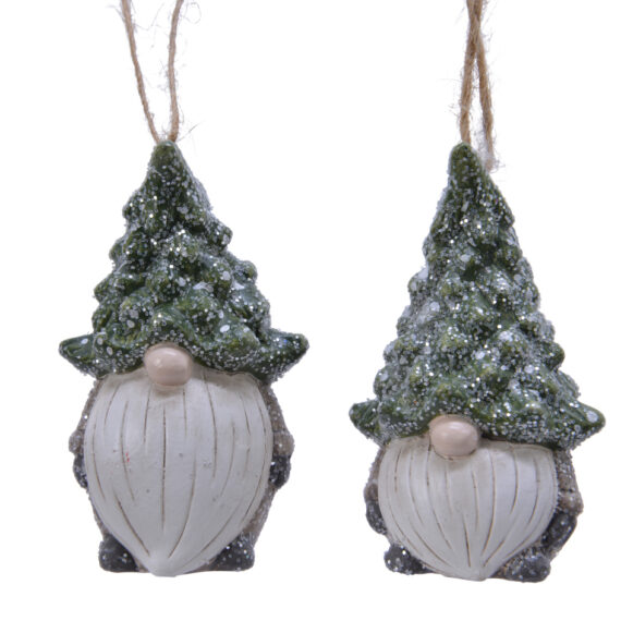 Δύο στολίδια νάνοι από τερακότα με παρόμοια εμφάνιση: καπέλο που μοιάζει με έλατο και γκλίτερ, μακριά λευκή γενειάδα. Μόνο η μύτη τους είναι ορατή εξαιτίας του καπέλου. Ο νάνος στα αριστερά είναι πιο ψηλός από αυτόν στα δεξιά, για αυτό ο νάνος στα δεξιά έχει ψηλότερο καπέλο.