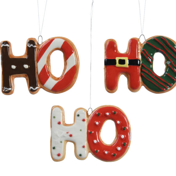 3 στολίδια σε σχήμα Ho Ho Ho με διακόσμηση τύπου μπισκότο με γλάσο. Το κάθε στολίδι έχει και διαφορετική διακόσμηση (τάρανδος, Άγιος Βασίλης, τρούφες).