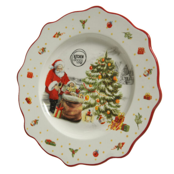 Λευκό πιάτο από δολομίτη με χριστουγεννιάτικα σχέδια στο χείλος. Το σχέδιο του πάτου είναι ένας Άγιος Βασίλης που κοιτάζει μέσα στον σάκο του μπροστά από ένα χριστουγεννιάτικο δέντρο.