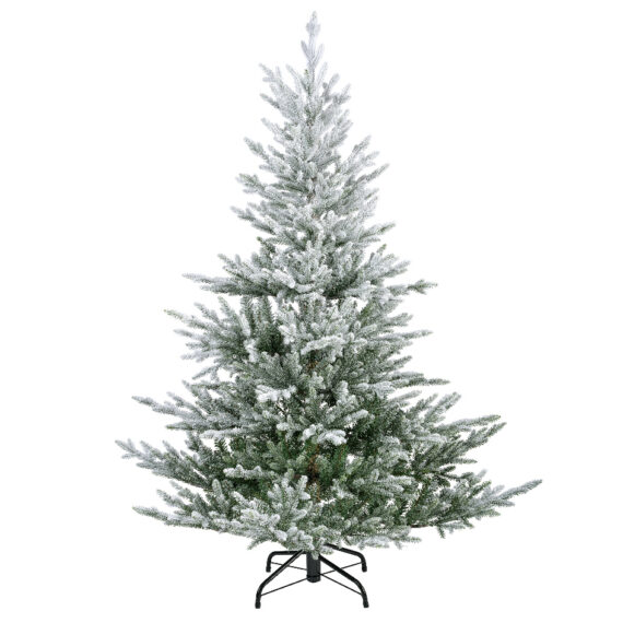 Χριστουγεννιάτικο έλατο Kaemingk ύψους 1,80 μέτρων με σιδερένια βάση. Έχει επικαλυφθεί με χρώμα ώστε να μοιάζει σαν ένα φυσικό χιονισμένο έλατο.