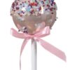 Στολίδι σε σχήμα cake pop χρώματος παλ σομόν. Διακόσμηση με μωβ, γαλάζιες, κόκκινες και λευκές χάντρες. Στο λευκό ξυλάκι είναι δεμένος ένας ροζ φιόγκος.