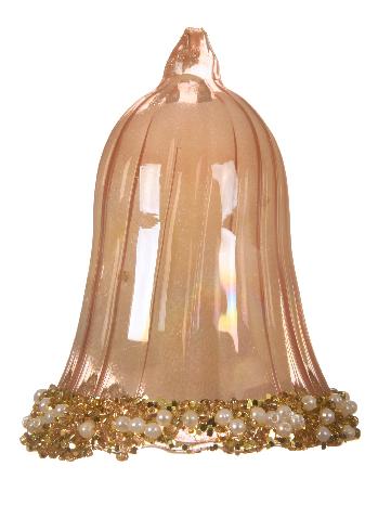 Χριστουγεννιάτικο στολίδι σε σχήμα καμπάνας, χρώματος σαμπανί. Το χείλος της καμπάνας έχει διακόσμηση από χρυσές και άσπρες χάντρες.