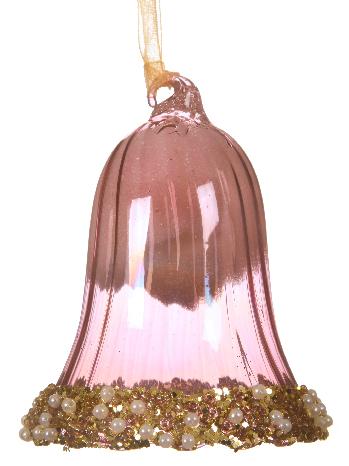 Χριστουγεννιάτικο στολίδι σε σχήμα καμπάνας, χρώματος ροζ. Το χείλος της καμπάνας έχει διακόσμηση από χρυσές και άσπρες χάντρες.