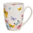 Κούπα με μωβ, μπλε, ροζ και κίτρινες πεταλουδίτσες. από πορσελάνη. Η διάσταση τους είναι 12x10x8εκ. και μπορούν να έχουν 370ml