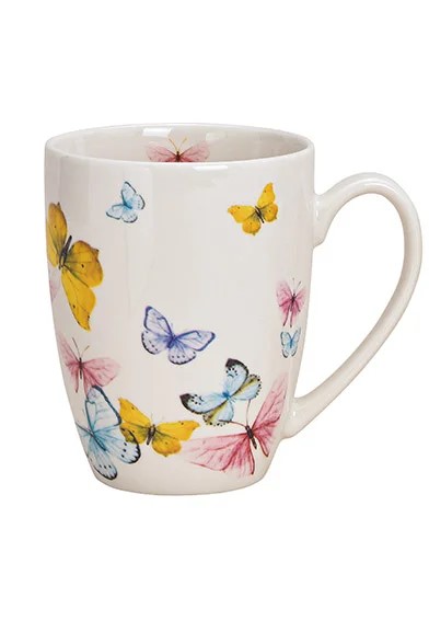 Κούπα με μωβ, μπλε, ροζ και κίτρινες πεταλουδίτσες. από πορσελάνη. Η διάσταση τους είναι 12x10x8εκ. και μπορούν να έχουν 370ml