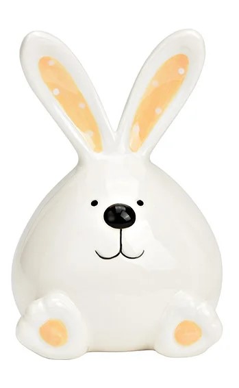 Λευκό κεραμικό λαγουδάκι με σομόν λεπτομέριες. Η διάσταση  το είναι  9,6x14x9 εκ. Το διαθέτουμε και σε βεραμάν