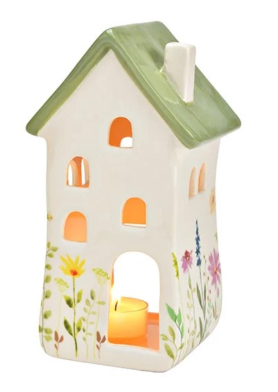 Φωτοφόρο,πολύχρωμο,κεραμικό  βεραμάν σπιτάκι με διακόσμηση λουλουδιών. Έχει διάσταση 11x20x10 εκ. Διατίθετε και σε σομόν 