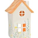 Ανοιξιάτικο κεραμικό φωτοφόρο σπιτάκι με διακόσμηση λουλουδιών σε σομόν