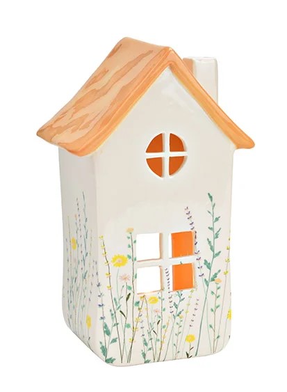 Ανοιξιάτικο κεραμικό φωτοφόρο σπιτάκι με διακόσμηση λουλουδιών σε σομόν