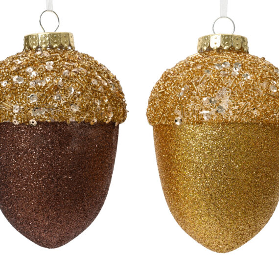 Σετ δύο στολίδια δέντρου βελανίδια σε χρυσή και μπρονζέ καφέ απόχρωση. Η κεφαλή του βελανιδιού είναι διακοσμημένη με χρυσές χάντρες και πούλιες. Διασταση 10x10x12,5cm