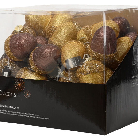 Σετ δύο στολίδια δέντρου βελανίδια σε χρυσή και μπρονζέ καφέ απόχρωση. Η κεφαλή του βελανιδιού είναι διακοσμημένη με χρυσές χάντρες και πούλιες. Διασταση 10x10x12,5cm