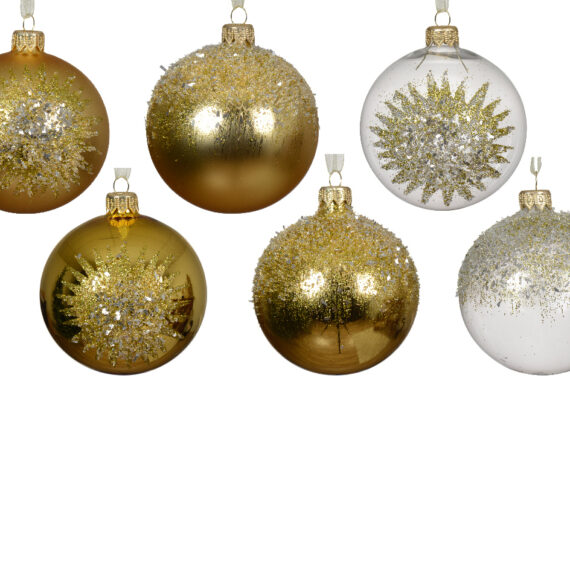 Σετ 6 τμχ χριστουγεννιάτικες χρυσές-διάφανες μπάλες. Η μπάλεςε έχουν χρυσές και διάφανες λεπτομέρεις απο χάντρες και γκλίτερ. Διάμετρος 8εκ