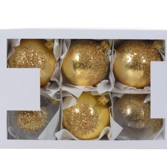 Σετ 6 τμχ χριστουγεννιάτικες χρυσές-διάφανες μπάλες. Η μπάλεςε έχουν χρυσές και διάφανες λεπτομέρεις απο χάντρες και γκλίτερ. Διάμετρος 8εκ