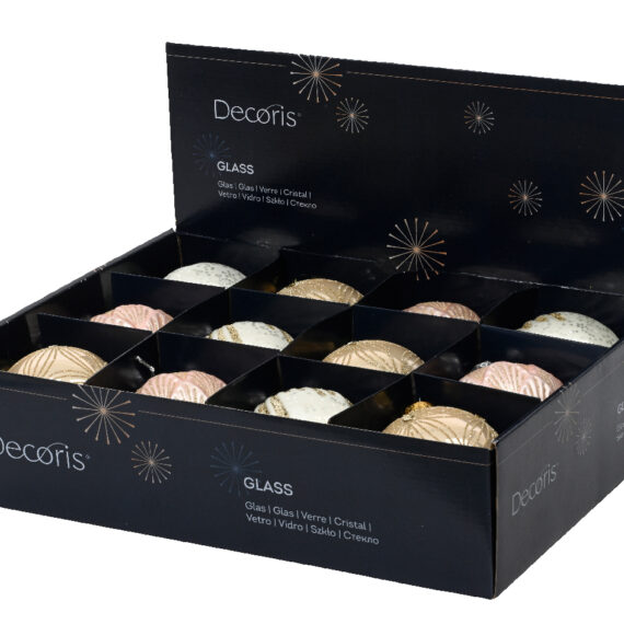 Σετ 3 τμχ χριστουγεννιάτικες μπάλες σε άπσρες, μπεζ και ροζ αποχρώσεις. Η άσπρη μπάλα  έχει χρυσές πούλιες. Η μπέζ μπάλα έχει χρυσές λεπτομέριες που σχηματίζουν λουλούδια. Η ροζ μπάλα έχει χρυσές λεπτομέριες. Διάμετρος 10εκ