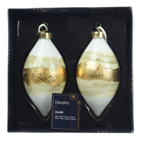 Σετ 2 τμχ χριστουγεννιάτικο γυάλινο στολίδι με λευκή βάση και χρυσές/σαμπανί λεπτομέριες μοιάζει σαν να είναι μαρμάρινο. Διάμετρος 10εκ