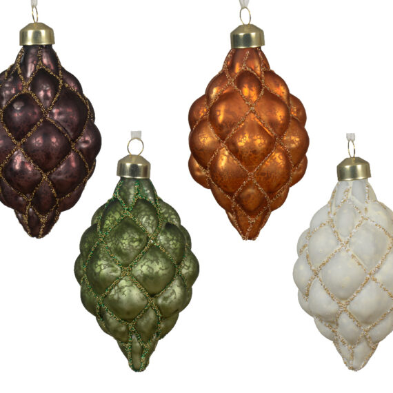 Σετ 12 τμχ  πολύ ιδιαίτερων χριστουγεννιάτικων γυάλινων κωνικών στολιδιών με σχηματισμούς ρόμβου  και χρυσές λεπτομέρειες σε 4 χρώματα Λευκό Πράσινο Πορτοκαλί Βουργουνδί