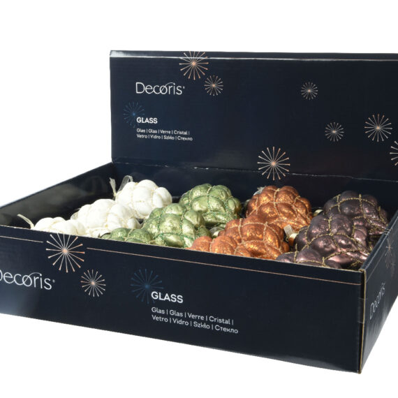 Σετ 12 τμχ  πολύ ιδιαίτερων χριστουγεννιάτικων γυάλινων κωνικών στολιδιών με σχηματισμούς ρόμβου  και χρυσές λεπτομέρειες σε 4 χρώματα Λευκό Πράσινο Πορτοκαλί Βουργουνδί