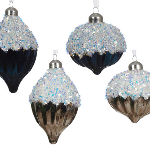 Σετ 12 τμχ χριστουγεννιάτικο γυάλινο στολίδι με διάφανες και μπλε χάντρες και πουλιες στο επανω μέρος σε 2 σχέδια και χρώματα 3 στολίδια σε κωνικό σχήμα σε βαθιά μπλε απόχρωση 3 στολίδια σε σχήμα μπάλας σε βαθιά μπλε απόχρωση 3 στολίδια σε κωνικό σχήμα σε μεταλλική ασημί απόχρωση 3 στολίδια σε σχήμα μπάλας σε μεταλλική ασημί απόχρωση Διάμετρος 8εκ.