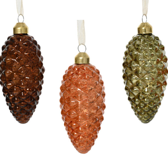 Σετ 18 τμχ χριστουγεννιάτικο γυάλινο στολίδι σε σχήμα κουκουναριού σε 3 χρώματα Στολίδι σε καφέ-μελί απόχρωση Στολίδι σε πορτοκαλί-μελί απόχρωση Στολίδι σε λαδί απόχρωση  4,8 x 4,8 x 10,5cm