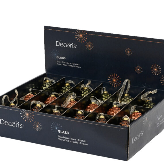 Σετ 18 τμχ χριστουγεννιάτικο γυάλινο στολίδι σε σχήμα κουκουναριού σε 3 χρώματα Στολίδι σε καφέ-μελί απόχρωση Στολίδι σε πορτοκαλί-μελί απόχρωση Στολίδι σε λαδί απόχρωση  4,8 x 4,8 x 10,5cm