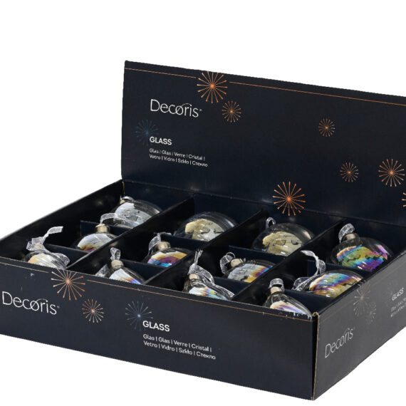 Σετ 12 τμχ χριστουγενιάτικο διαφανές ριδίζουσο στολίδι σε 3 σχέδια Στολίδι σε σχήμα μπάλας Στολίδι σε κωνικό σχήμα Στολίδι σε σχήμα ρόμβου Διαμετρος 8εκ.