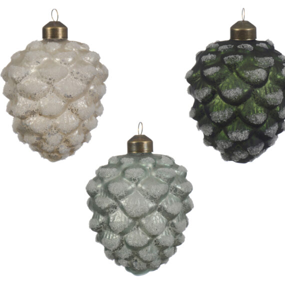 Σετ 12 τμχ χριστουγεννιάτικο στολίδι σε σχήμα χιονισμένου κουκουναριού σε 3 χρώματα  4 στολίδια  σε σχήμα χιονισμένου κουκουναριού σε εκρού απόχρωση 4 στολίδια σε σχήμα χιονισμένου κουκουναριού  σε πράσινη απόχρωση 4 στολίδια σε σχήμα χιονισμένου κουκουναριού σε απόχρωση ασημί του πάγου 7 x 10cm