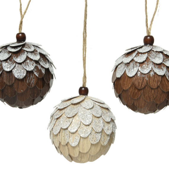 Σετ 3 τμχ χριστουγεννιάτικη μπάλα σαν χιονισμένο κουκουνάρι. Διάμετρος 8εκ.