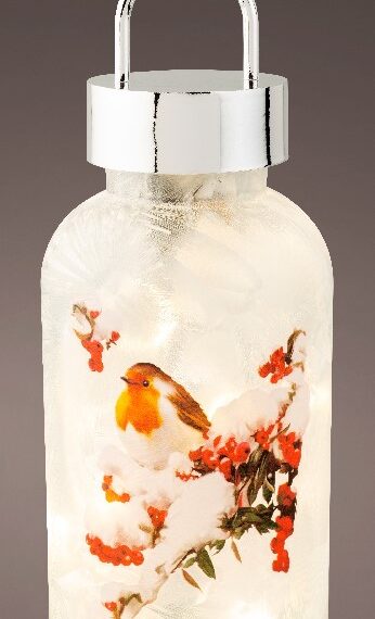 Χριστουγεννιάτικο φωτιζόμενο φαναράκι με κοκκινολαίμη όπου στέκεται σε ένα χιονισμένο κλαράκι γκι. Είναι διαθέσιμο και με χιονάνθρωπο Είναι διαθέσιμο και με τον Άγιο Βασίλη στο έλκηθρο του Φωτάκια LED σε ζεστή λευκή απόχρωση ημέρας Διάμετρος: 10cm Ύψος:23cm