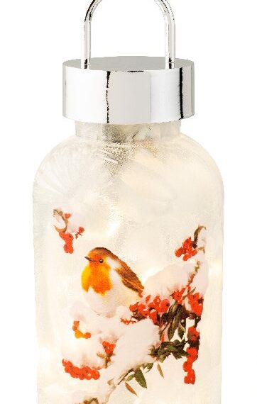 Χριστουγεννιάτικο φωτιζόμενο φαναράκι με κοκκινολαίμη όπου στέκεται σε ένα χιονισμένο κλαράκι γκι. Είναι διαθέσιμο και με χιονάνθρωπο Είναι διαθέσιμο και με τον Άγιο Βασίλη στο έλκηθρο του Φωτάκια LED σε ζεστή λευκή απόχρωση ημέρας Διάμετρος: 10cm Ύψος:23cm