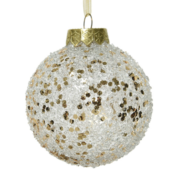 Σετ 12 τμχ χριστουγεννιάτικη άθραυστη σαμπανί μπάλα με  χρυσές πούλιες και διάφανες χάντρες Διάμετρος: 8cm Μήκος: 8cm
