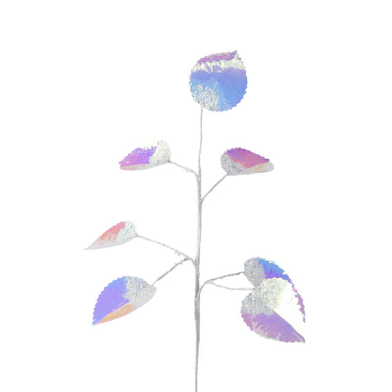 Χριστουγεννιάτικο ασημί κλαράκι με φύλλα και ασημί χάντρες και πούλιες. 0,5 x 22 x 68 cm.