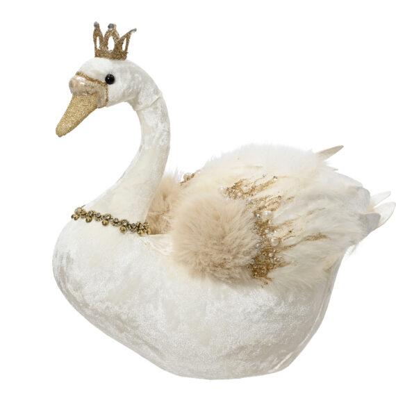Βελούδινος  λευκός κύκνος με γκλίτερ,χάντρες και πέρλες και ένα χρυσό κολιέ. Έχει λευκά φτερά απο πούπουλα και μία χρυσή κορώνα. Υλικό: πολυεστέρα 36 x 22 x 36cm