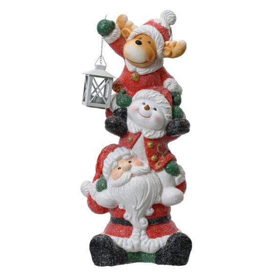 Αγαλματίδιο με τον Άγιο Βασίλη,έναν χιονάνθρωπο και ένα τάρανδο ο ένας πάμω στον άλλον φορώντας κόκκινα γιλέκα. ο τάρανδος κρατάει μια λάμπα. 28 x 21 x 57cm