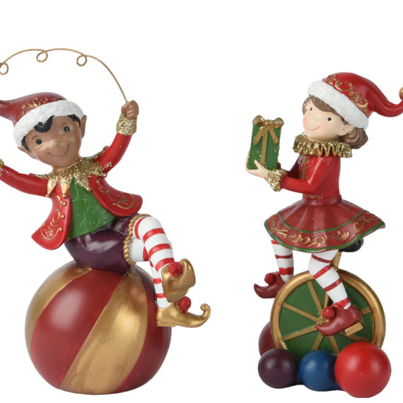 Σετ 2 τμχ παιδάκια ξωτικά. Ένα αγόρι πάνω σε μία μπάλα και κραταέι ενα σκοινάκι και ένα κορίτσι πάνω σε ένα μονόκυκλο που κρατάει ένα δώρο. Τα παιδάκια είναι ντυμένα στα κόκκινα. 13,5 x 10 x 18cm