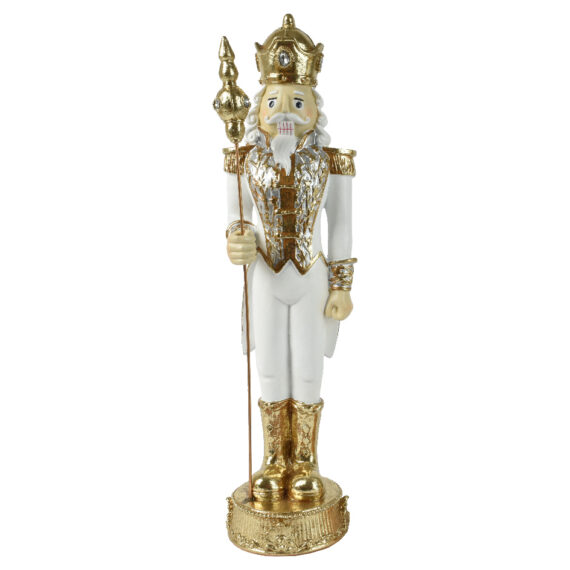 Χριστουγεννιάτικος καρυοθραύστης με λευκή στολή και χρυσές λεπτομέριες. Κράταει ένα χρυσό σκύπτρο. 15,9 x 15,8 x 60,2cm.