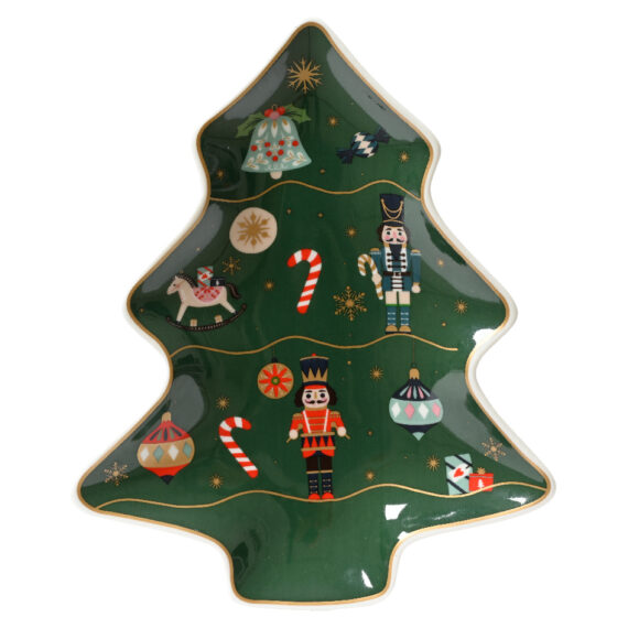 Χριστουγεννιάτικη πορσελάνινη πιατέλα σε σχήμα χριστουγεννιάτικου πράσινου δέντρου με καρυοθραύστες,μπαλες,καμπανούλες,δώρα,αλογάκια και καραμέλες για στολίδια. 17,5  x 21,5 x 2,3cm