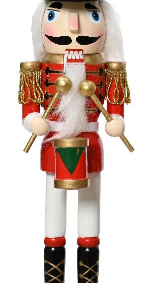 Χριστουγεννιάτικος Καρυοθραύστης με τύμπανο και κόκκινη στολή με πράσινο καπέλο. Έίναι διαθέσιμος και με σπαθί Είναι διαθέσιμος και με πράσινη στολή και τύμπανο 8 x 7 x 38cm