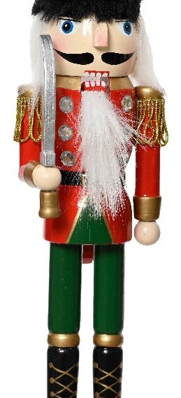 Χριστουγεννιάτικος Καρυοθραύστης με σπαθί και κόκκινη στολή με μαύρο γούνινο καπέλο. Έίναι διαθέσιμος και με κόκκινη στολή και τύμπανο Είναι διαθέσιμος και με πράσινη στολή και τύμπανο 8 x 7 x 38cm